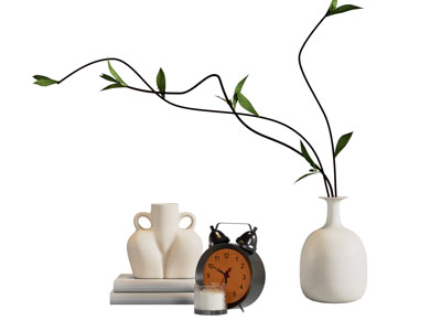 侘寂风陶艺花瓶花卉 书本 闹钟 摆件组合3d模型 侘寂风陶艺花瓶花卉 书本 闹钟 摆件组合