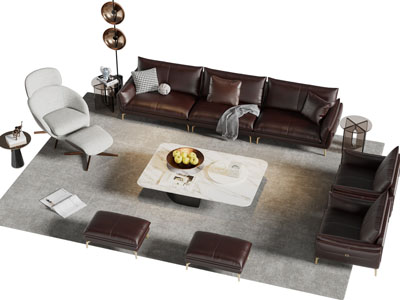 现代多人沙发 单人沙发和茶几组合