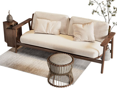 侘寂风多人沙发 边几3d模型 侘寂风多人沙发 边几