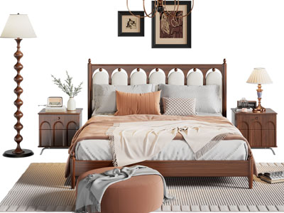 法式中古风双人床 床头柜 落地灯