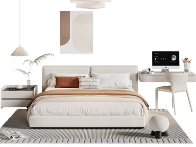 现代奶油风双人床 床头柜 书桌椅组合