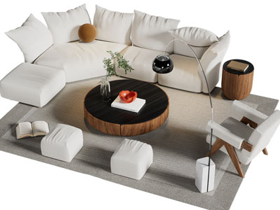 现代奶油风多人沙发 休闲椅子和茶几组合