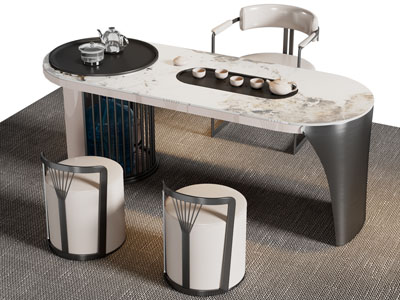 新中式椭圆形茶桌椅组合3d模型 新中式椭圆形茶桌椅组合