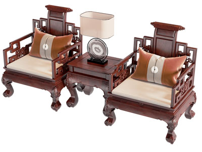 中式实木雕花单人沙发 边几