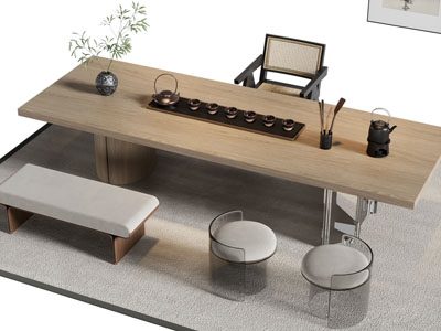 侘寂风长方形茶桌椅组合3d模型 侘寂风长方形茶桌椅组合