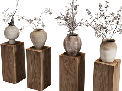 侘寂风陶艺花瓶花卉3d模型 侘寂风陶艺花瓶花卉