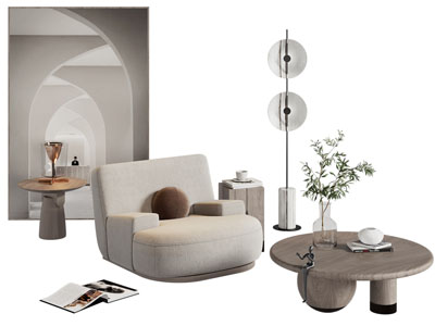 侘寂风单人沙发 边几 落地灯