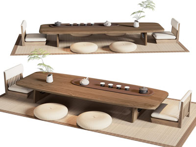 日式中古风茶桌椅组合 蒲团3d模型 日式中古风茶桌椅组合 蒲团