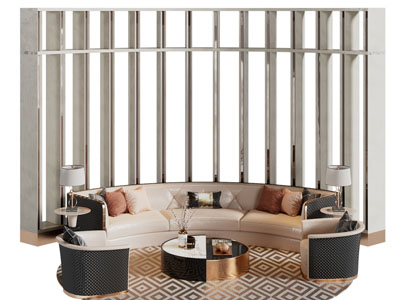 现代弧形多人沙发 单人沙发 隔断和茶几组合