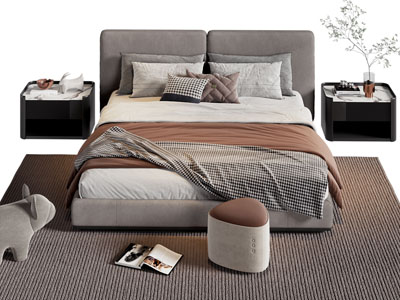 现代布艺双人床 床头柜