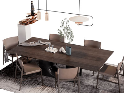 现代中古风长方形餐桌椅组合3d模型 现代中古风长方形餐桌椅组合