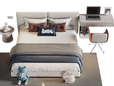 现代儿童双人床 床头柜 书桌椅组合