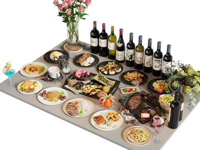 现代牛排 煎蛋 花瓶花卉 香槟 食物