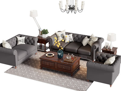 美式多人沙发 单人沙发和茶几组合