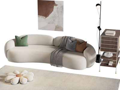 现代奶油风布艺多人沙发 边几3d模型 现代奶油风布艺多人沙发 边几