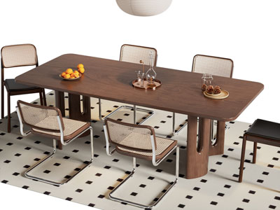 侘寂风中古风长方形餐桌椅组合3d模型 侘寂风中古风长方形餐桌椅组合