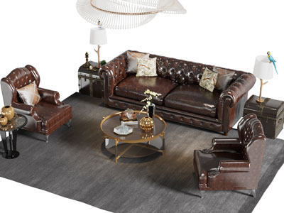 美式双人沙发 单人沙发和茶几组合