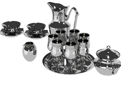 现代不锈钢茶壶 高脚杯 茶具杯子3d模型 现代不锈钢茶壶 高脚杯 茶具杯子