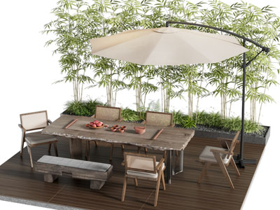 侘寂中古户外休闲桌椅 遮阳伞 竹子 景观3d模型 侘寂中古户外休闲桌椅 遮阳伞 竹子 景观
