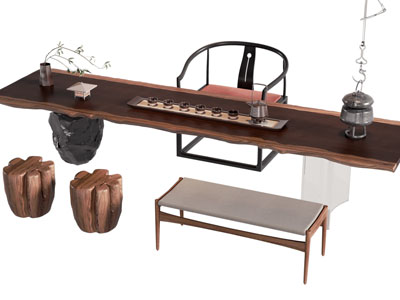 新中式原木茶桌椅组合3d模型 新中式原木茶桌椅组合