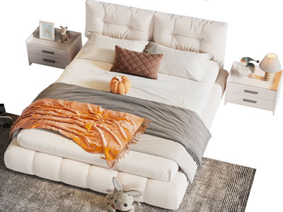 现代奶油风双人床 床头柜