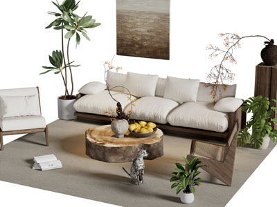 侘寂风多人沙发 休闲椅子和茶几组合