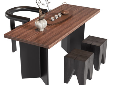 侘寂风中古风茶桌椅组合3d模型 侘寂风中古风茶桌椅组合