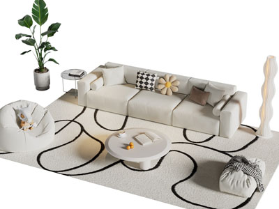 现代奶油风多人沙发 懒人沙发和茶几组合