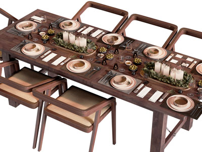 现代中古风餐桌椅组合 餐具组合3d模型 现代中古风餐桌椅组合 餐具组合