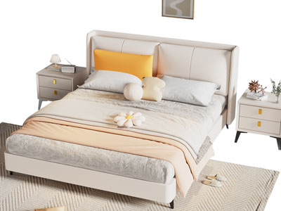现代奶油风双人床 床头柜