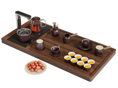 新中式实木茶盘 茶具杯子3d模型 新中式实木茶盘 茶具杯子