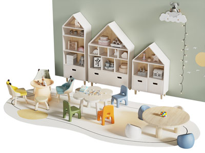 北欧儿童玩具收纳柜 儿童桌椅组合3d模型 北欧儿童玩具收纳柜 儿童桌椅组合