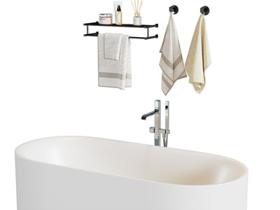 现代陶瓷椭圆形浴缸浴盆 毛巾 洗护用品