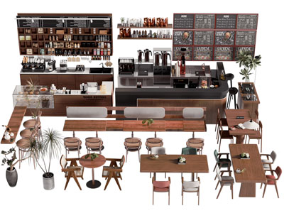 现代中古风咖啡厅吧台 餐桌椅组合3d模型 现代中古风咖啡厅吧台 餐桌椅组合