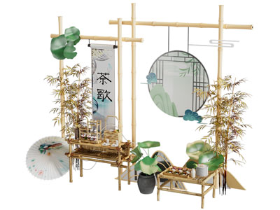 新中式美陈 茶歇台 摆件组合3d模型 新中式美陈 茶歇台 摆件组合