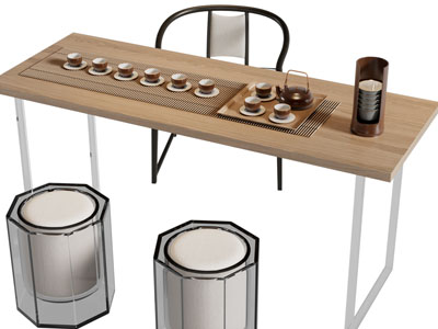 新中式实木茶桌椅组合3d模型 新中式实木茶桌椅组合