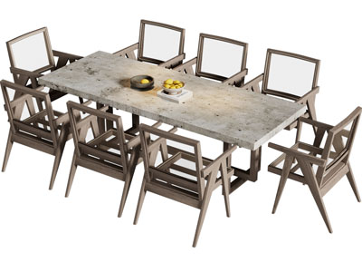 侘寂风长方形餐桌椅组合3d模型 侘寂风长方形餐桌椅组合