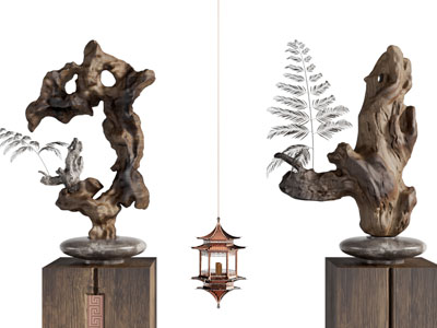 侘寂风根雕摆件组合3d模型 侘寂风根雕摆件组合