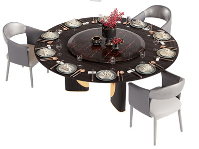 新中式圆形餐桌椅组合3d模型 新中式圆形餐桌椅组合