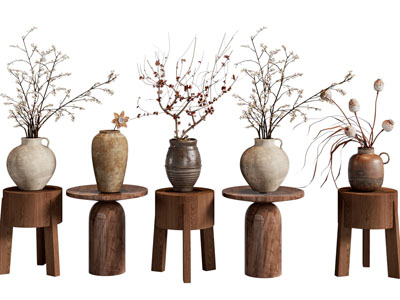 侘寂风陶艺花瓶花卉3d模型 侘寂风陶艺花瓶花卉