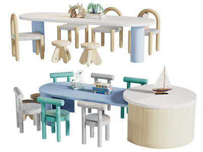 现代儿童桌椅组合3d模型 现代儿童桌椅组合