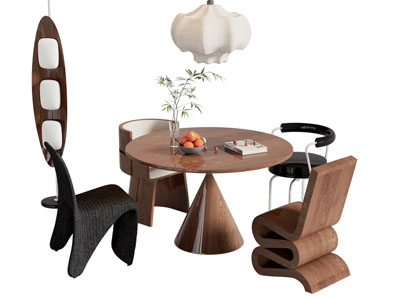 侘寂风中古风圆形餐桌椅组合3d模型 侘寂风中古风圆形餐桌椅组合