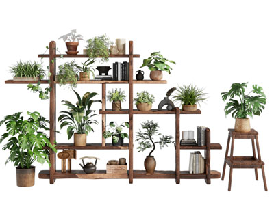 现代中古风花架 盆景盆栽植物3d模型 现代中古风花架 盆景盆栽植物