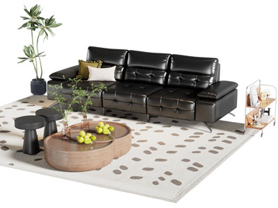 现代多人沙发 边几和茶几组合