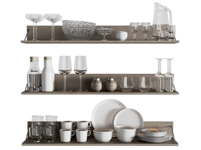 现代墙面置物收纳架 高脚杯 茶具杯子 碗碟 厨具 摆件组