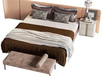 现代双人床 床头柜 床尾凳