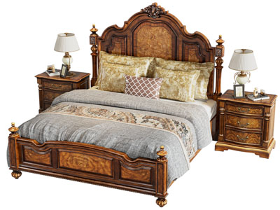 美式中古风雕花实木双人床 床头柜