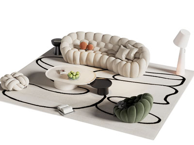 现代奶油风多人沙发 茶几组合