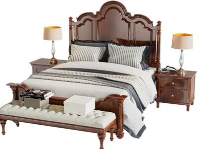 美式实木双人床 床头柜 床尾凳