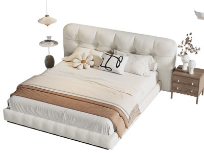 现代奶油风双人床 床头柜